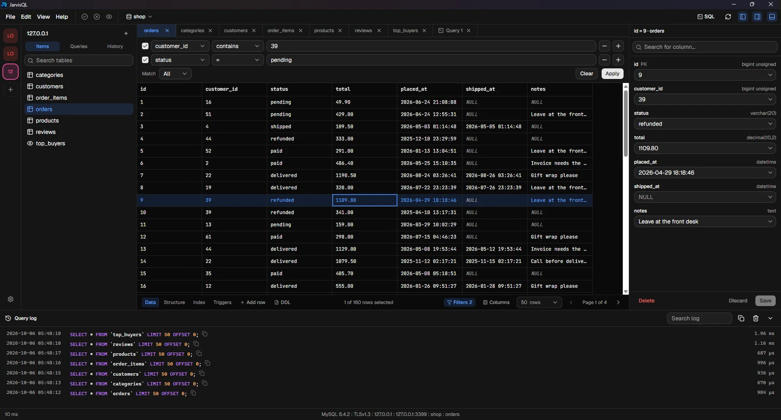JarvisQL showing an orders table with filters, a row editor, the query log and a MySQL status bar